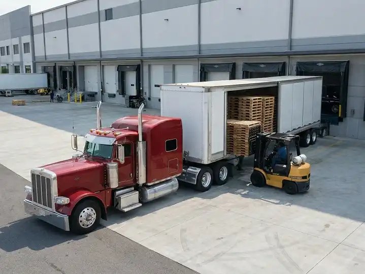Tractor-trailer at a warehouse dock while a forklift loads pallets